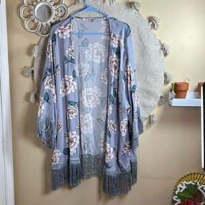 Grey floral kimono with fringe